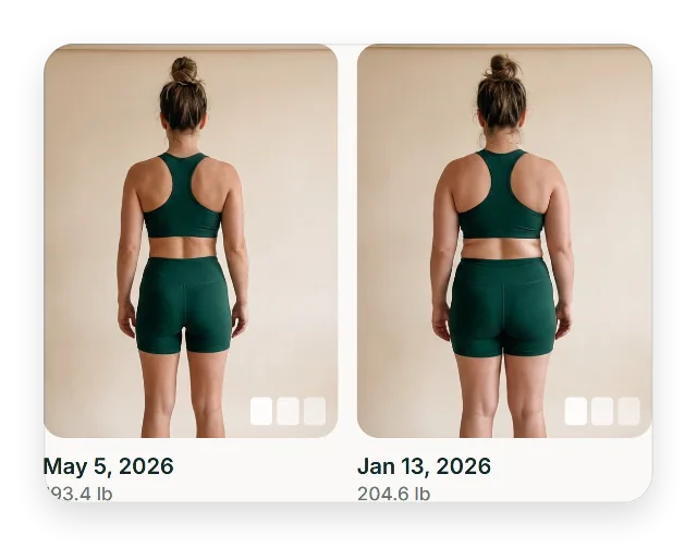Two dated progress photos on the Photos screen, each with the weight logged that day.