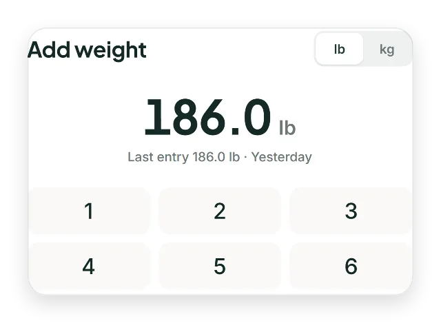 The Add weight sheet: 186.0 lb, a lb/kg switch and a numeric keypad.