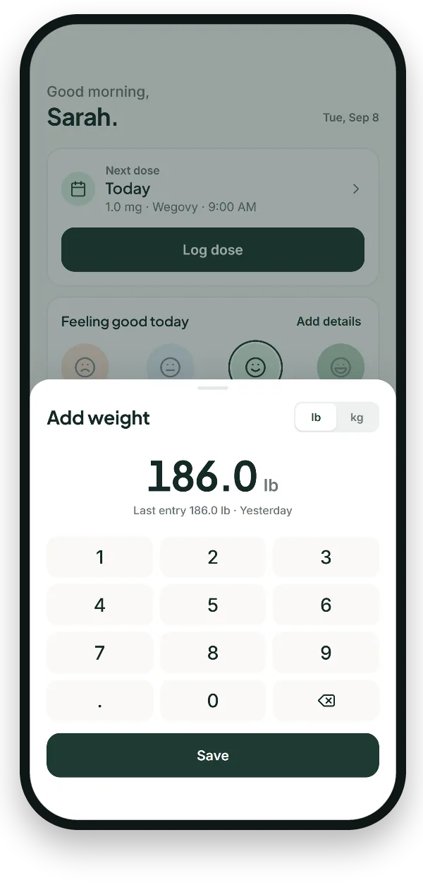 Add weight screen with a numeric keypad and the unit switch between lb and kg.