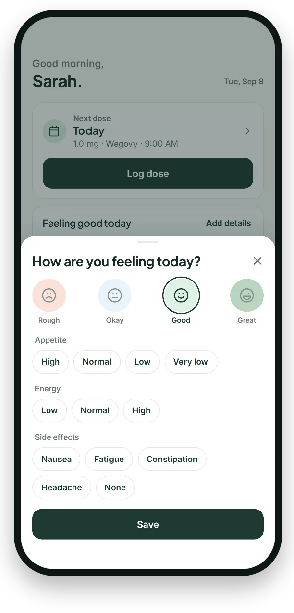 Check-in screen: four faces for how you feel, with optional appetite, energy and side-effect details.