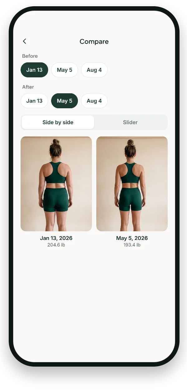 Compare screen showing two progress photos side by side with their dates and weights.