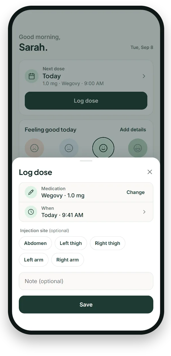 Log dose screen with the dose, an injection-site picker and an optional note.