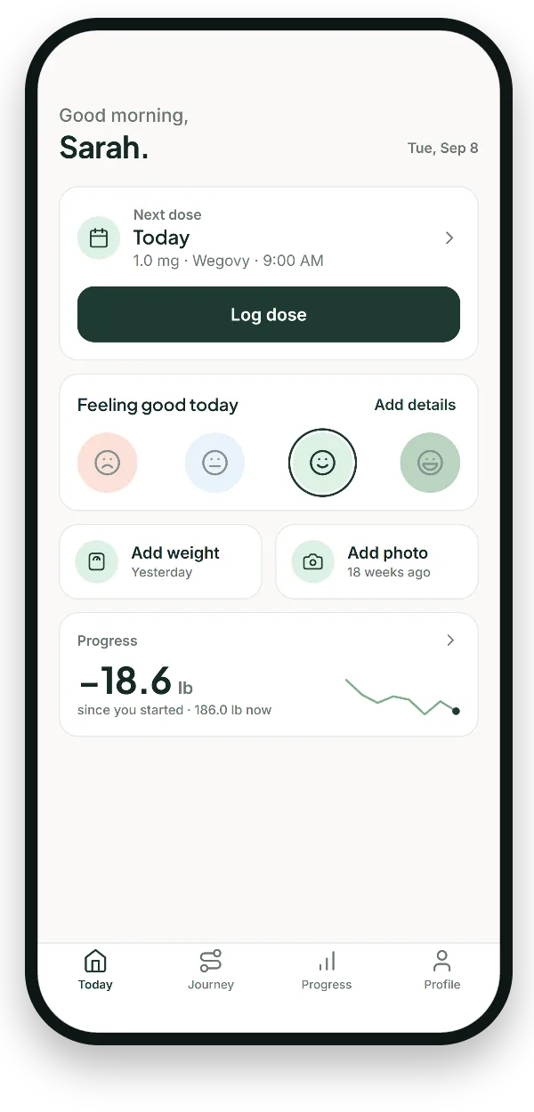 Today screen: next dose with a Log dose button, a one-tap check-in, add weight, add photo and the progress summary.